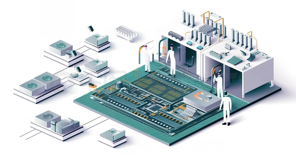 半導(dǎo)體芯片生產(chǎn)制造工廠的插畫(huà)設(shè)計(jì)元素與集成電路設(shè)計(jì)